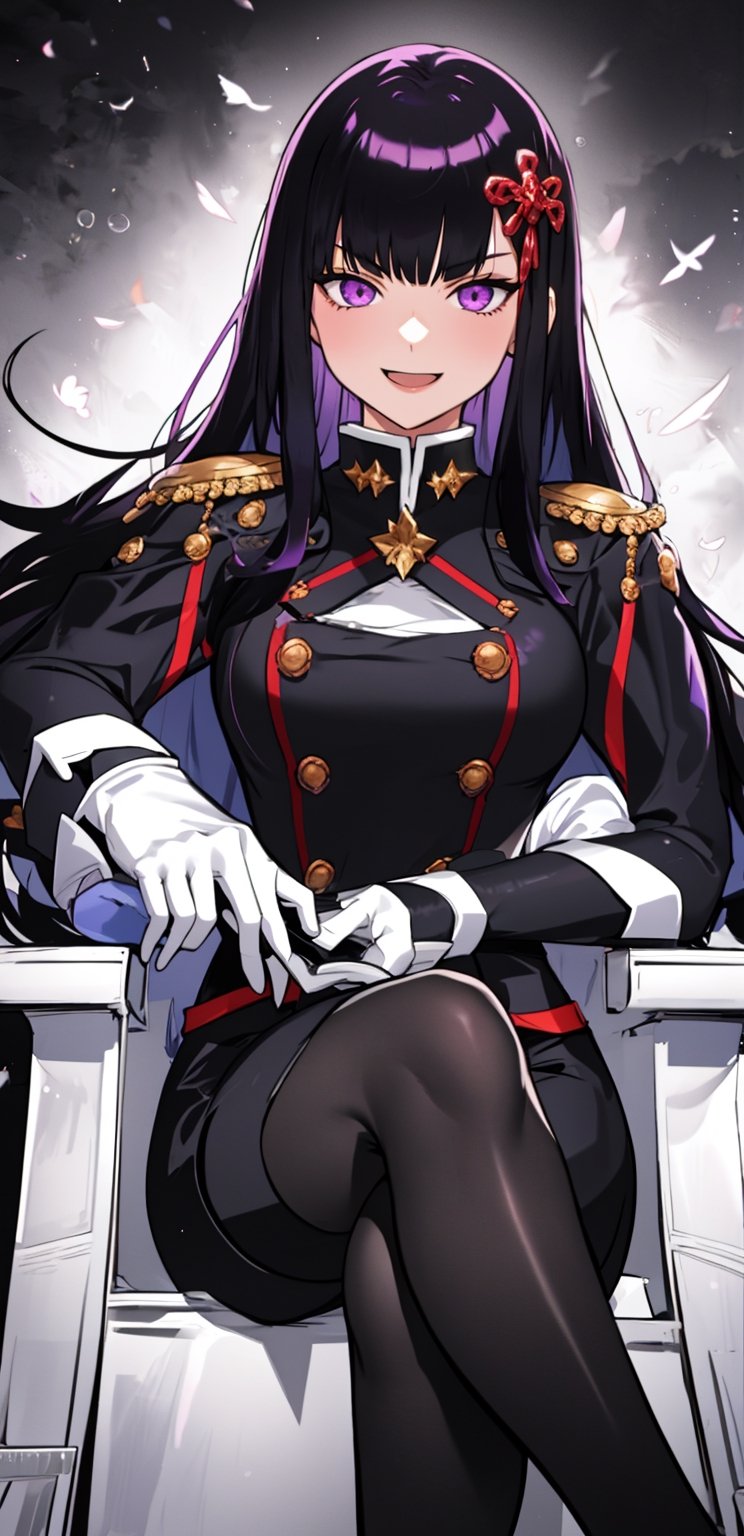 1girl, arrogant,solo, long hair, breasts, looking at viewer, smile, open mouth, bangs, skirt, black hair, hair ornament, gloves, sitting, purple eyes, purple hair, pantyhose, white gloves, cape, black pantyhose, crossed legs, epaulettes, uniform, YamashiroRen