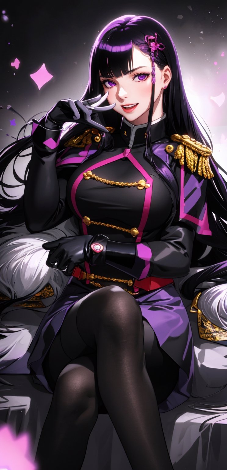 1girl, solo, long hair, breasts, looking at viewer, smile, open mouth, bangs, skirt, black hair, hair ornament, gloves, sitting, purple eyes, purple hair, pantyhose, white gloves, cape, black pantyhose, cover, crossed legs, cover page, epaulettes, manga cover,YamashiroRen