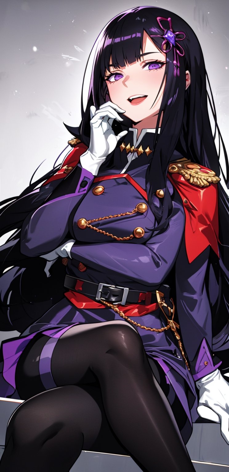 1girl, arrogant,solo, long hair, breasts, looking at viewer, smile, open mouth, bangs, skirt, black hair, hair ornament, gloves, sitting, purple eyes, purple hair, pantyhose, white gloves, cape, black pantyhose, crossed legs, epaulettes, uniform, from below, YamashiroRen