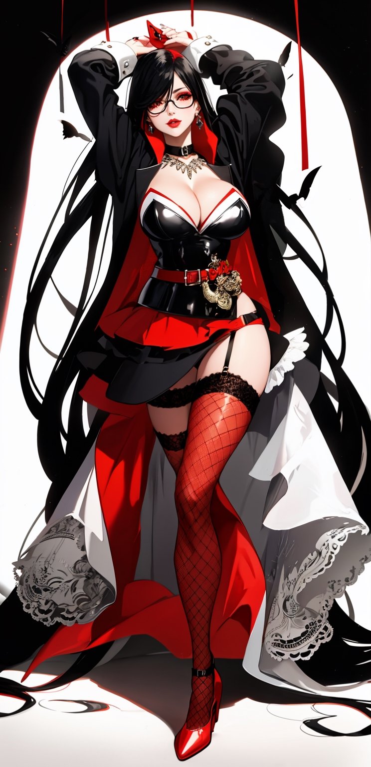 1girl, solo, long hair, breasts, looking at viewer, large breasts, black hair, thighhighs, long sleeves, dress, cleavage, jewelry, standing, full body, earrings, glasses, belt, black thighhighs, necklace, nail polish, high heels, arms up, see-through, makeup, shadow, garter straps, short dress, red dress, lipstick, red footwear, fishnets, red nails, red lips, lace-trimmed legwear, fishnet thighhighs
