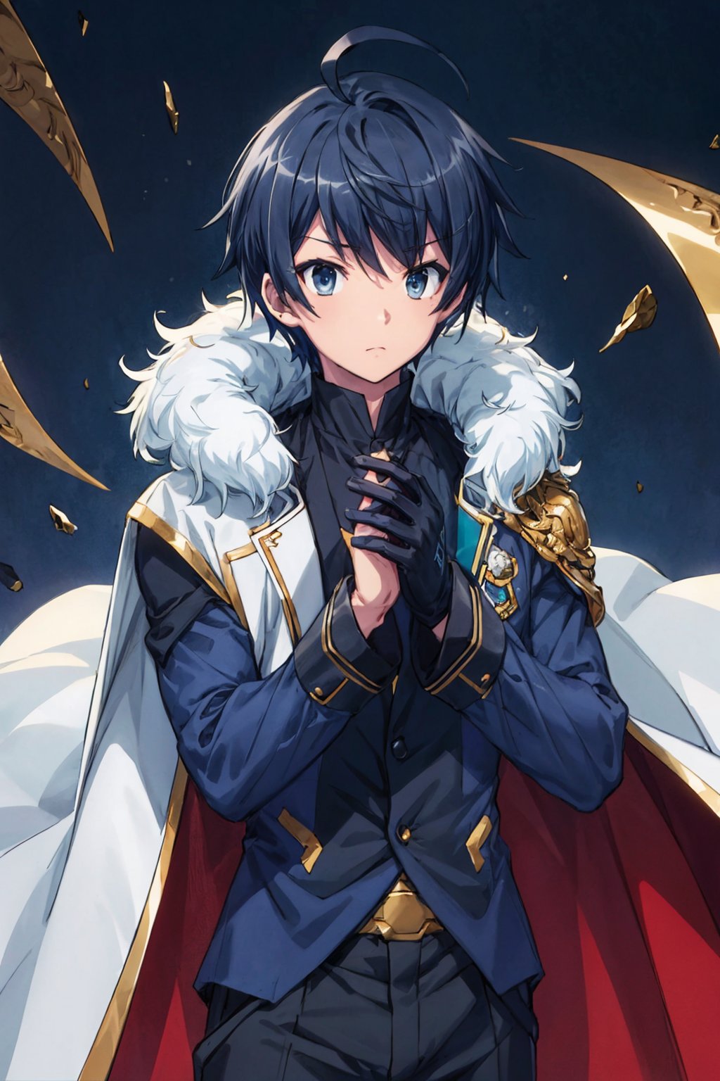 1boy, male focus, mature, male focus, 27 years old, solo, dark blue hair,aqua eyes,bang,tight clothes, gentle, soft,cape, military cape,closed mouth,ahoge, sleeves, sleeves shirt, gloves,detached sleeves,gold trim,  suit, dark blue and black jacket,swept bangs,black gloves, best quality, anime, better quality, normal hands, normal fingers, better fingers, perfect hands,normal arms, two arms,jewelry,detail fingers,emotionless,anime_coloring, trousers,,touya_mochizuki