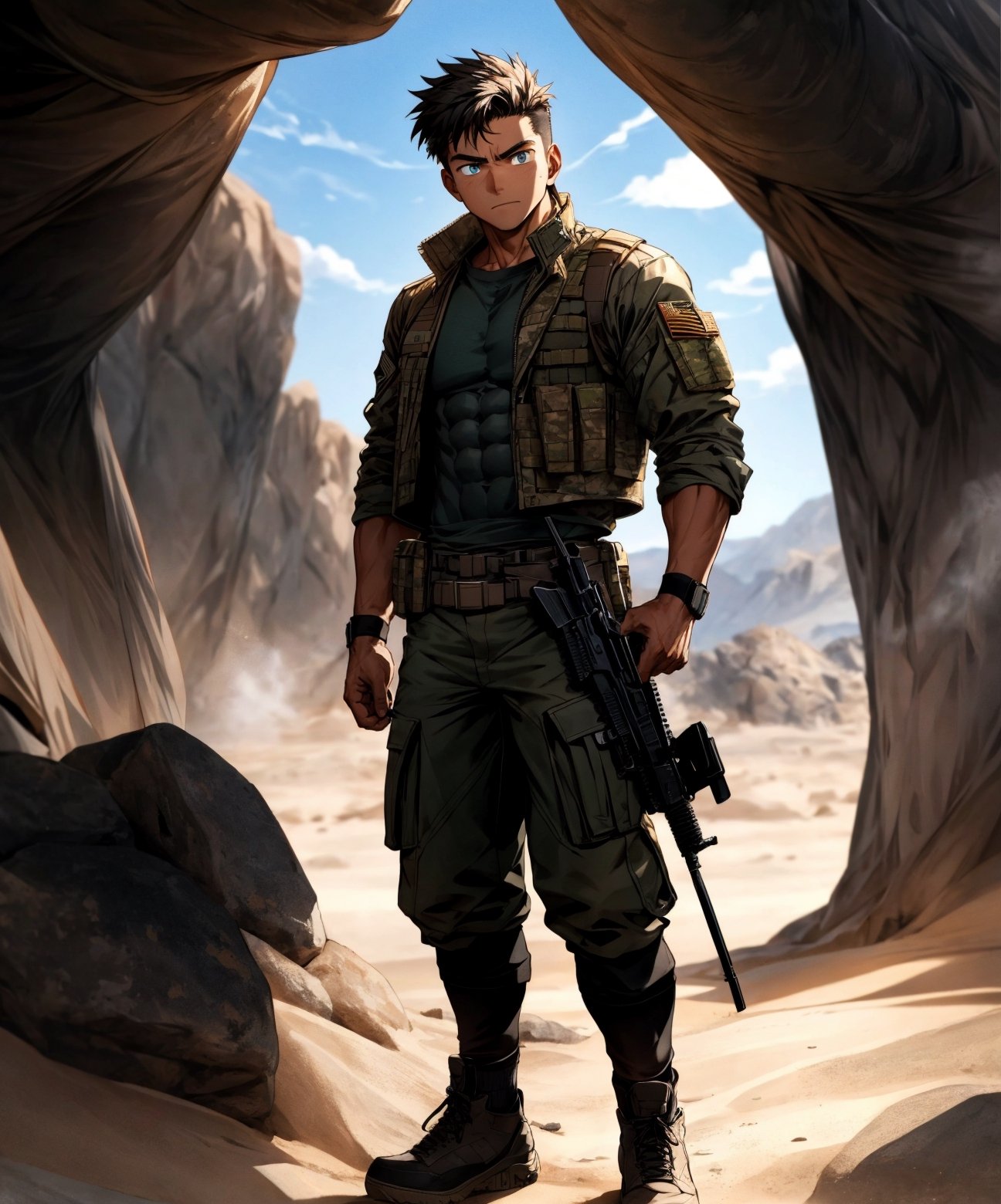 Under the scorching sun, a young male special forces soldier stands with a serious and focused expression. His rugged and determined demeanor is enhanced by his uniform jacket, which is left unbuttoned, revealing his chiseled abs underneath. Contrasting against the darkness of his military boots, he wears pure white calf socks, a subtle yet striking detail. The sunlight casts a golden glow on the soldier, emphasizing his strength and resilience. The environment around him is sparse and rugged, with barren terrain and hints of camouflage netting. The harsh lighting adds to the intensity and urgency of the scene. The soldier's face reflects a sense of purpose and determination, his eyes scanning the surroundings for any signs of danger. His presence exudes confidence and readiness for action.
.Bright backgorund, solo, alone, two arms, two hands, normal hands and arms, two legs, normal anatomy, best body anatomy, normal, 8k poster, best quality, best composition,midjourney, better hands and fingers, seperated fingers, better feet,seperated feet, full body,naked body,  abs exposed, emotionless, full image, full background,white socks, calf socks, shoes off, pure white socks, calf socks,1male, two arms, ,better face, better background, shoes off