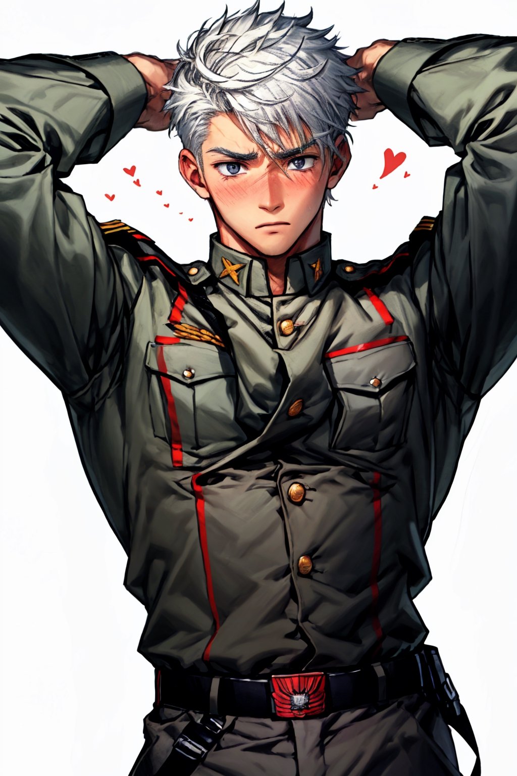 8 packs, male, boy, soldier uniform,soldier,blushing,freaked out, panicking, flurried, normal hands, normal arms, two arms, two hands, solo, alone,VPL, different poses, ,hands on side,normal fingers,white hair,perfecteyes