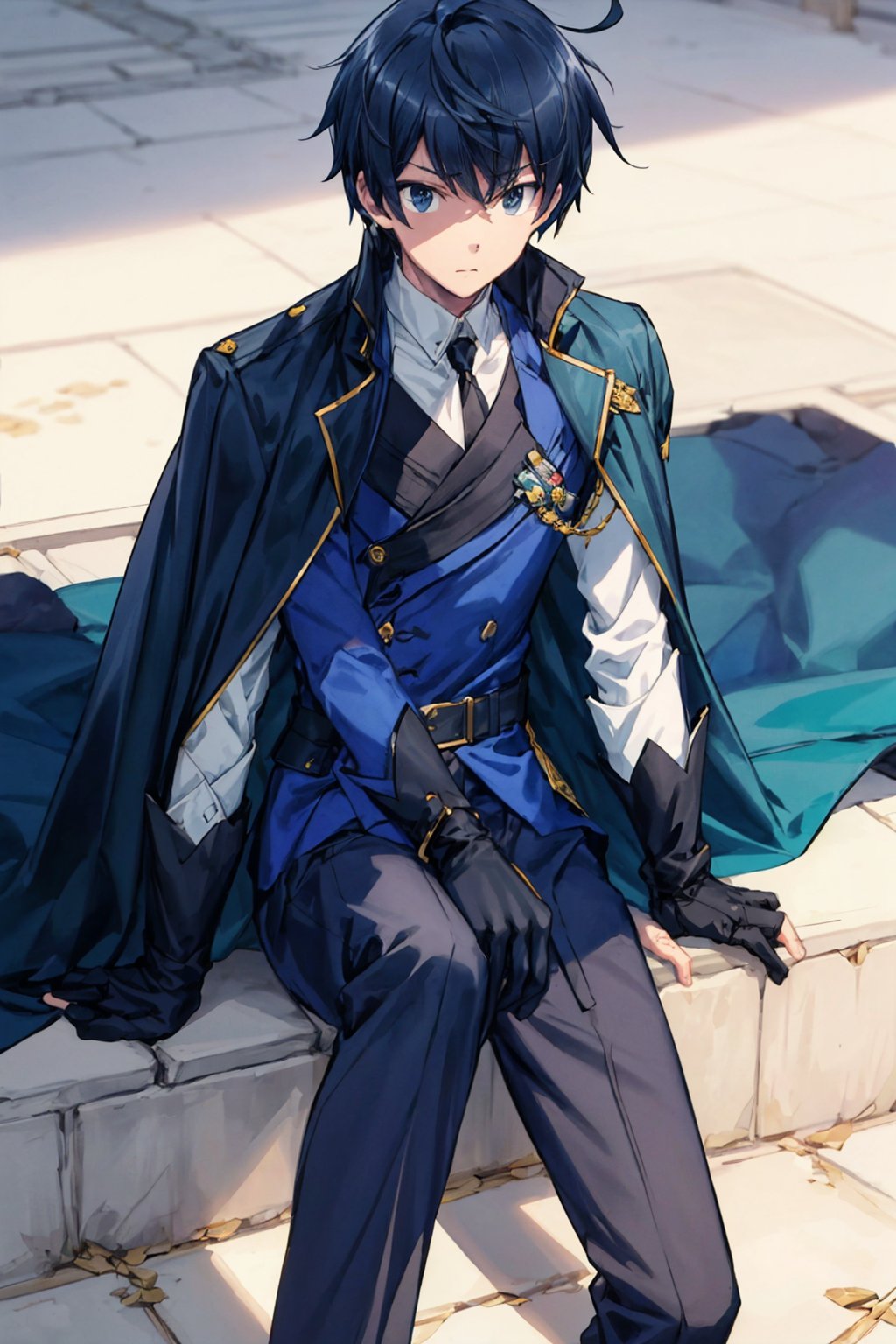 1boy, male focus, mature, male focus, 27 years old, solo, dark blue hair,aqua eyes,bang,tight clothes, gentle, soft,cape, military cape,closed mouth,ahoge, sleeves, sleeves shirt, gloves,detached sleeves,gold trim,  suit, dark blue and black jacket,swept bangs,black gloves, best quality, anime, better quality, normal hands, normal fingers, better fingers, perfect hands,normal arms, two arms,jewelry,detail fingers,emotionless,anime_coloring, trousers,,touya_mochizukiseated,legs crossed,head in half the shadow,shaded,