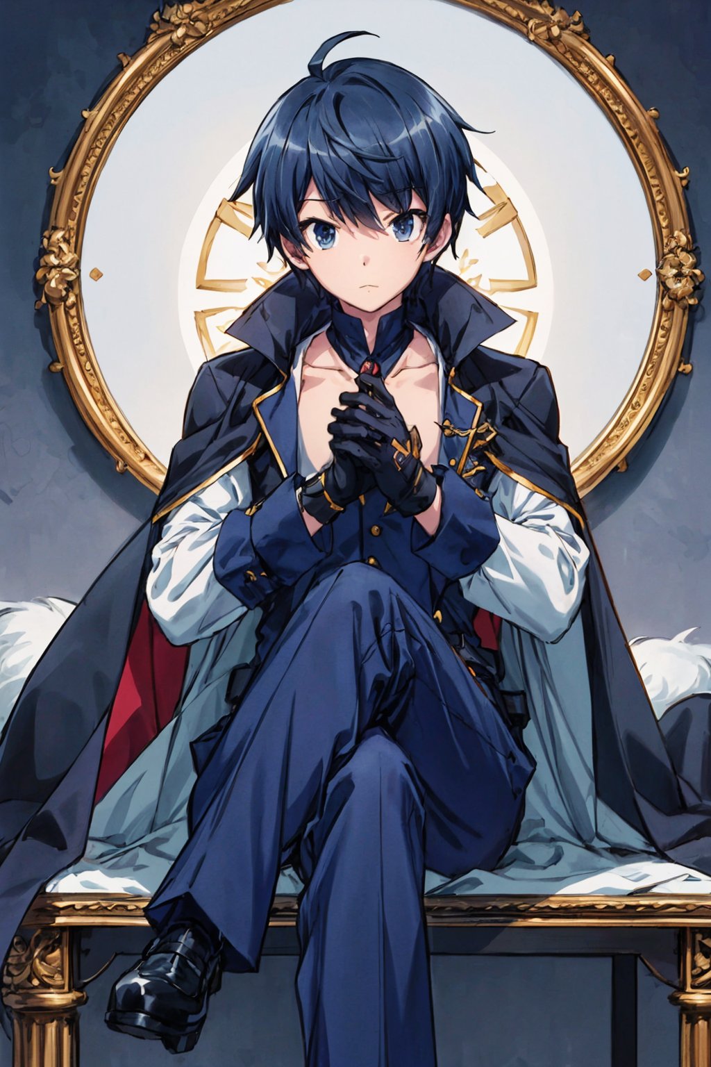 1boy, male focus, mature, male focus, 27 years old, solo, dark blue hair,aqua eyes,bang,tight clothes, gentle, soft,cape, military cape,closed mouth,ahoge, sleeves, sleeves shirt, gloves,detached sleeves,gold trim,  suit, dark blue and black jacket,swept bangs,black gloves, best quality, anime, better quality, normal hands, normal fingers, better fingers, perfect hands,normal arms, two arms,jewelry,detail fingers,emotionless,anime_coloring, trousers,seated,legs crossed,touya_mochizuki