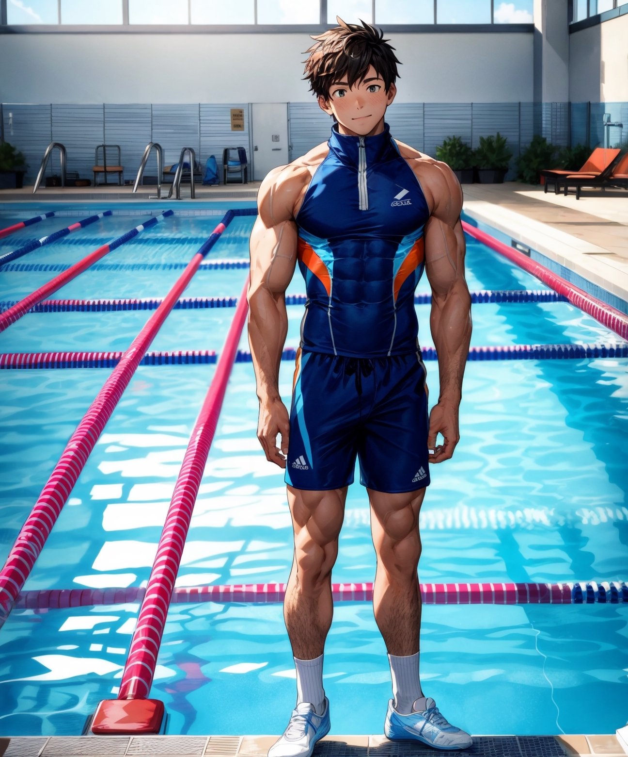 With confidence and expertise, the young male swimming coach stands poolside, dressed in a snug and form-fitting swimsuit. The fabric accentuates his athletic physique, showcasing his toned muscles and strong physique.

The swimming pool environment is bright and inviting, with shimmering blue water reflecting the sunlight. The clean and well-maintained pool area creates a refreshing and vibrant backdrop for the scene.

The mood is energetic and focused, as the coach prepares to guide his students through their swimming lessons. His passion for the sport is evident, as he exudes a sense of authority and enthusiasm.
.Bright backgorund, solo, alone, two arms, two hands, normal hands and arms, two legs, normal anatomy, best body anatomy, normal, 8k poster, best quality, best composition,midjourney, better hands and fingers, seperated fingers, better feet,seperated feet, full body,naked body,  abs exposed, emotionless, full image, full background,white socks, calf socks, shoes off, pure white socks, calf socks,1male, two arms, ,better face, better background, shoes off