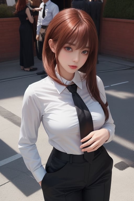 female body, cute face,  glorious  eyes, good hair style,  best quality,makima\(chainsaw man\), white_shirt, black_trouser, black_tie