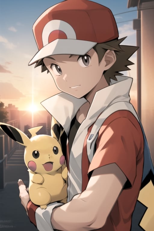 male body, cute face,  glorious  eyes, good hair style,  best quality, red \(pokemon\), pikachu, hat , poke_ball, sunset, bright light