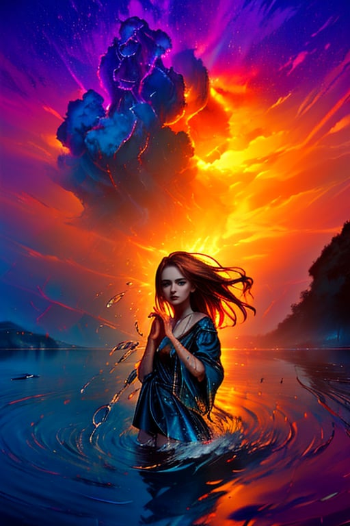 rainfall,  , girl,  splashing water,sunset, hyper realistic dark moody tone, glorious eyes, sudio lightening, only two hands, best quality, potrait, smooth colors