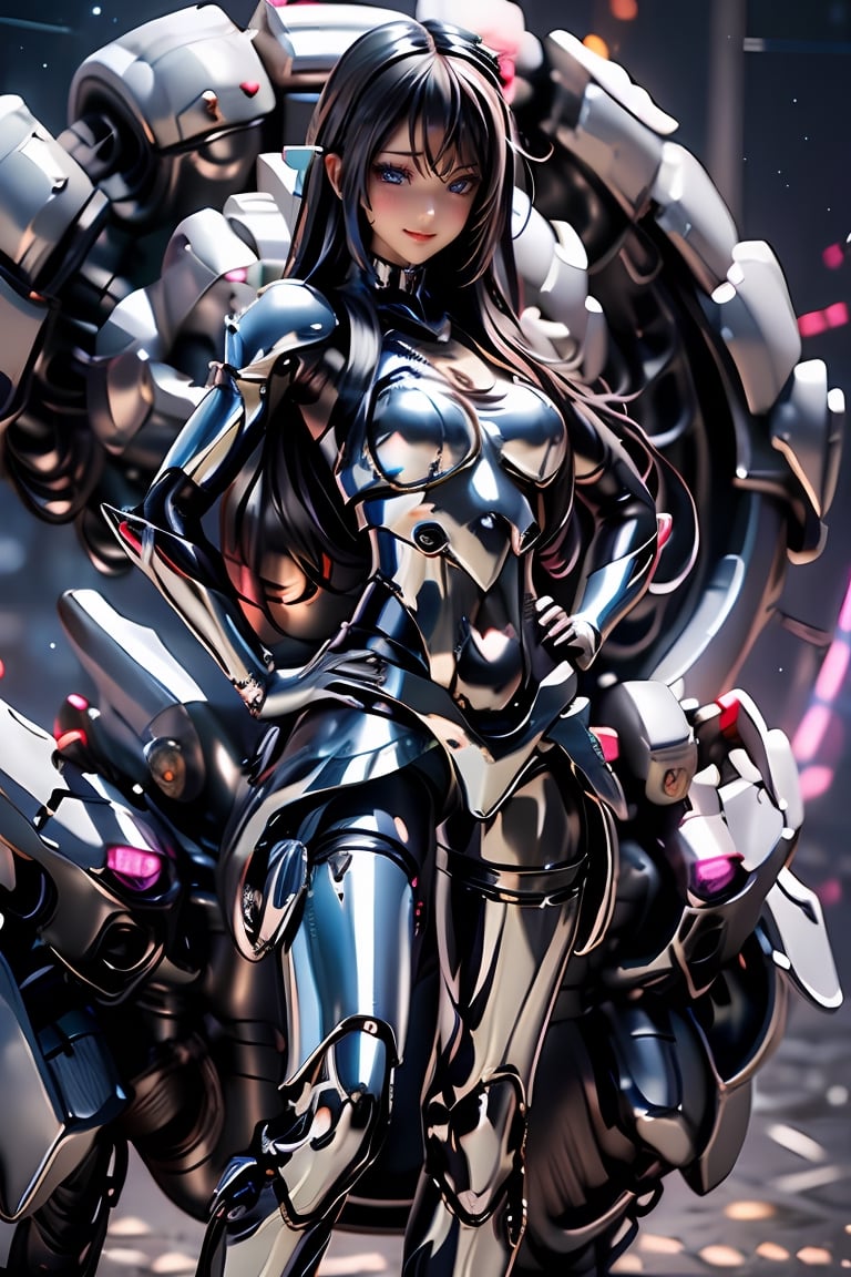 cowboy_shot,(put hands on hips:1.9),(smile:1.8),pink nipple,venusbody, ( Round breasts:1.6),  (blue eyes:1.8),more machine body,(Ultra-shiny SILVER cyborg body covering the whole body:1.9), (Ultra-shiny SILVER Cyborg cover to protect arms and legs:1.8),more fine detail, (long hair:1.6),  (powerful light on the chest and face:1.3),  Young Sensual Gravure Idol,  teats,  (middle tit:1.6),  cyberpunked,  Golden ratio body,  face perfect,  a Pretty face,  The face of a young actress in Japan,  (long black hair:1.6),  Tied waist, perfect foot,  perfect hand,  Clean facial skin,  perfect fingers,  bob cut,  Smiled face,  A futuristic,  depth of fields,  reflective light,  retinas,  awardwinning,  ultra hight resolution,  Lights are shining all over the body,  High detailed,  parted lips,  mecha,  asian girl,  1girl,  solo,  beauty face,  perfect face,more  mecha, reflection light,  8K,  Anatomically correct,  Textured skin,  high details,  High quality, Pink lights on the chest, red lighting at the navel area, blue lights on the front sides, green lights on the knees,1 girl,sexy fighting cyborg girl,High detailed ,Color magic,Saturated colors,Color saturation ,Nice legs and hot body,l4tex4rmor,shiny latex,colorful_girl_v2