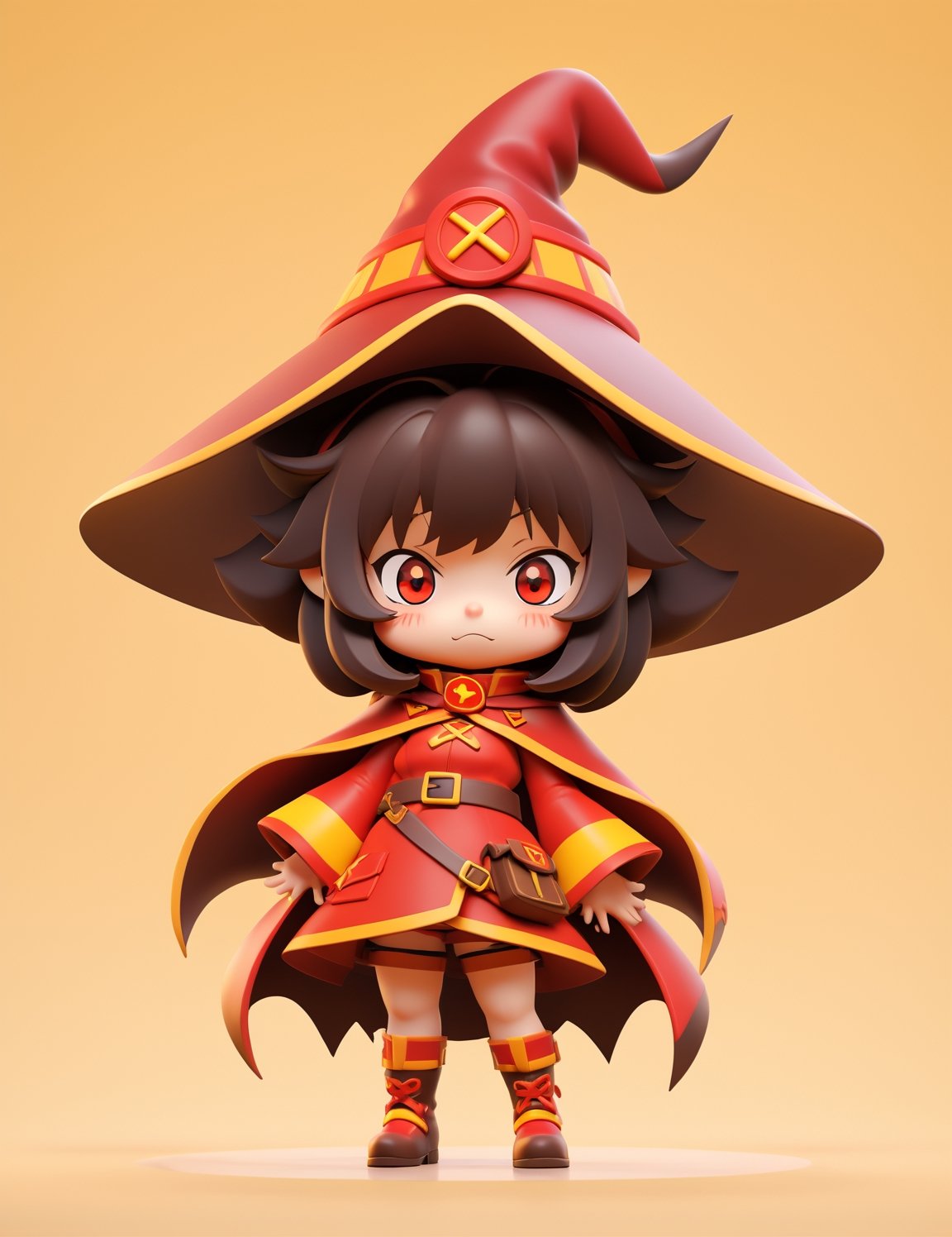 megumin, solo, chibi, full body, looking at viewer, witch hat, cape, red eyes, yellow background,Flat Design