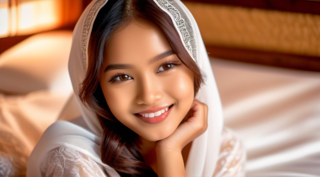 A landscape photo of {{a beautiful indonesian teen girl sitting on a silky bed}}, white hijab, detailed face, slight makeup, slight smile, realistic hair, white transparent lingerie, 8k, hdr, award winning photography, warm ambient, sharp light, vivid balanced color,