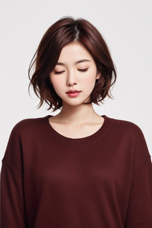 beautiful woman, basic maroon color crewneck, medium shot, eyes closed, short red hair, professional photoshoot, symmetrical, full white background, 8k resolution, photorealistic masterpiece, professional photography, natural lighting, maximalist, 8k resolution, concept art, intricately detailed, complex, maximum details
