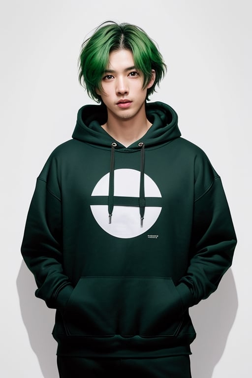 (1guy, short green hair, black basic hoodie) cowboy shot,  professional photoshoot, symmetrical, full white background, 8k resolution, photorealistic masterpiece, professional photography, natural lighting, maximalist, 8k resolution, concept art, intricately detailed, complex, maximum details
