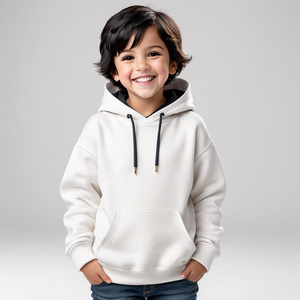 1 kid,   basic hoodie,  full body  shot,  brown eyes,  short black hair,  big grin,  professional photo shoot,  symmetrical,  full white background,  8k resolution,  photorealistic masterpiece,  professional photography,  natural lighting,  maximalist,  8k resolution,  concept art,  intricately detailed,  complex,  maximum details
