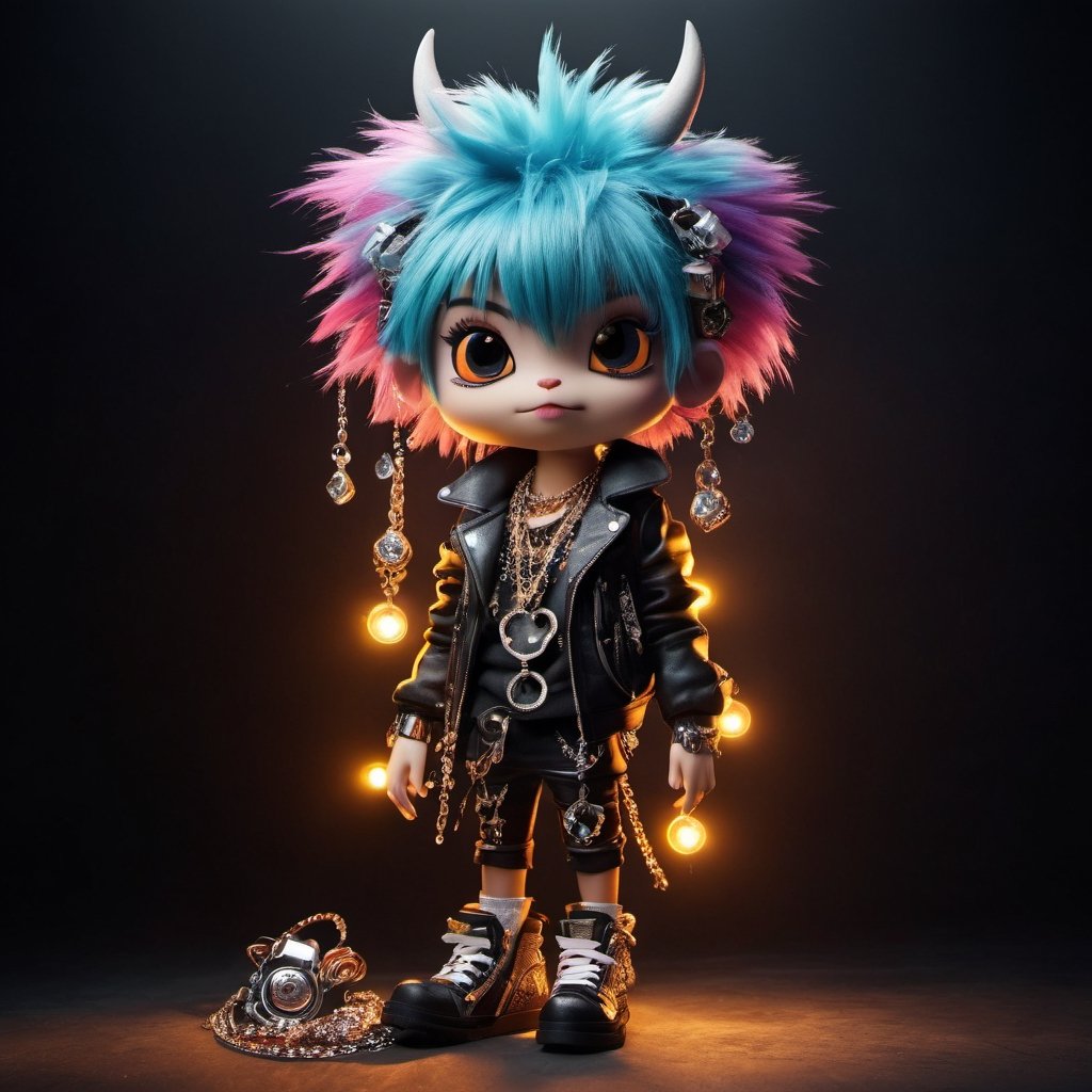 full body a punk rock anthropomorphic cute monster trash wearing, lasses, jewelry, cinematic lighting, cool pose, gorgeous magical photography