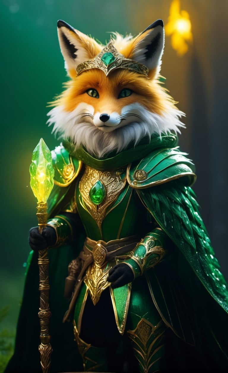 witch fox making magic, high ornamented ((green and golden armor)), fluffy fur, foggy, wet, stormy, 70mm, cinematic, highly detailed, fox real size, standing, with a scepter and making some magic, magical lights, magical aura