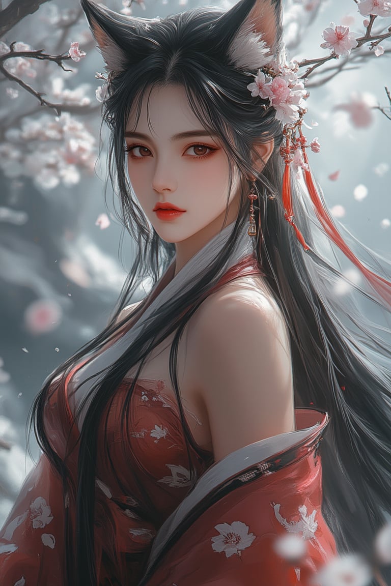 Woman, Eroflo, sexy, blossom, particles floating, tree branch, gray sky, gloomy, chinese temple,Ahri