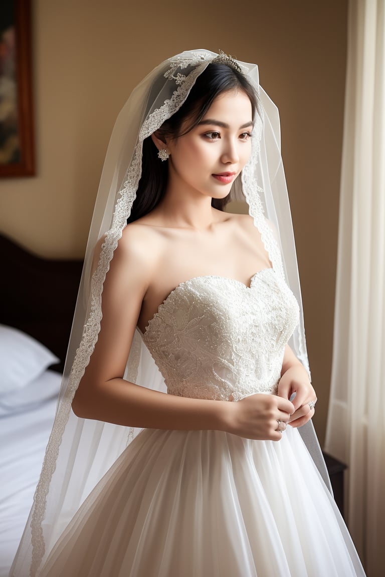 realistic, stunning photo, photography, upper body, 1 girl, Vietnamese woman, wedding dress, veil, ribbons, bedroom