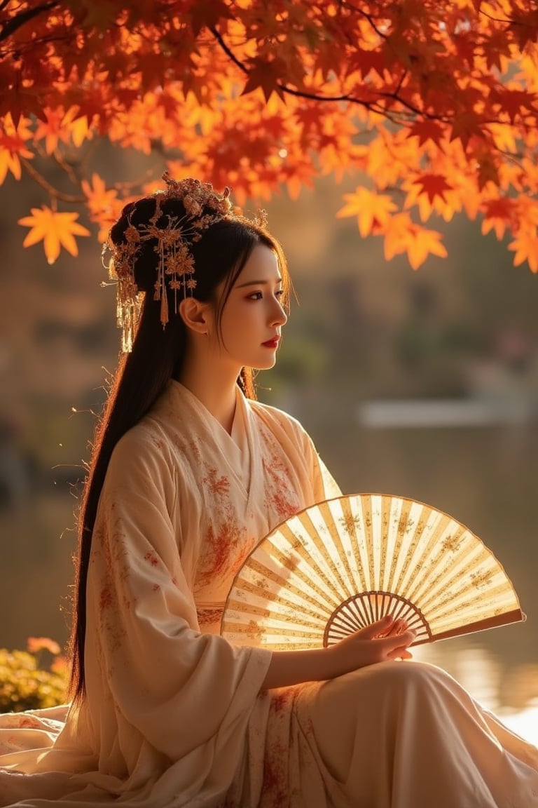  A stunning ancient oriental beauty sits under a majestic maple tree, surrounded by the soft glow of distant autumn colors. Her long hair fell down her back like a nighttime waterfall, and she gazed thoughtfully at the crimson leaves dancing around her. Wearing an exquisite light-colored kimono, her features were accentuated by delicate makeup and a hint of crimson eyeshadow. On her lap she held a beautifully designed folding fan, its ornate frame shimmering with warm golden light. The rich colors of the painting seem to be dancing with the gentle reverie of silkworms, as if the essence of autumn has been distilled into this charming moment. Movie special effects grade style.,PTAIHanfu,PTAIAsianbeauty