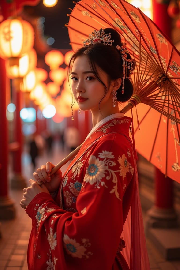 photorealism, (upper body), (portrait:1.2), KOLNB,Hanfu,Eroflo, a woman, beautiful face, red dress, japanese umbrella, bokeh, Chinese festival street, (nigh street:1.2), depth of field, columns, temple, lanterns.
Best quality, uhd, 8k, hyper detailed