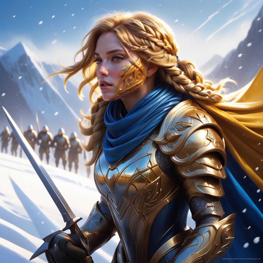 digital painting inspired by WLOP, intricate draw, cut/rip, jaggy, try hard, epic theme, masterpiece, cinematic gradient color, film grain, a female soldier in reflective armor suit, hair braid, dark yellow hair ornament, fur scarf, blue cape, dazzling atmosphere, setting background is an army of thousand man in the form, snow, wind blow, intricate and divnine armor