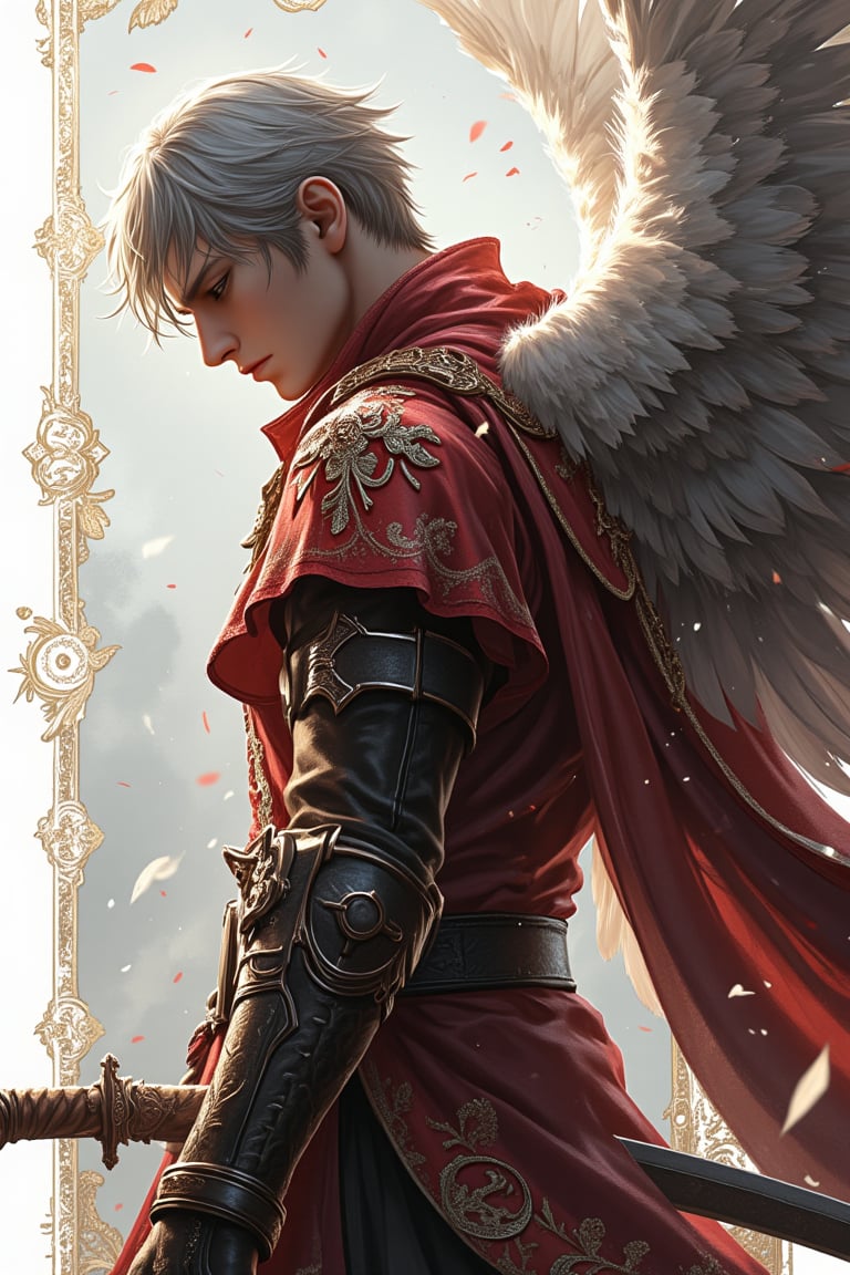 
A man, fighter, sword, (upper body:1.3), side view, portrait, a man looking down and lean on the right border of the scene, (snicker design with white border:1.2), dark red, small brim, short silver hair, (epic heroes:1.2), (detailed outfit), (huge feathers), (wings:1.2), (intricate golden pattern border:1.2), intricate, masterpiece, (2D illustrator:1.2), best quality, highres, girly color, (highly detail).