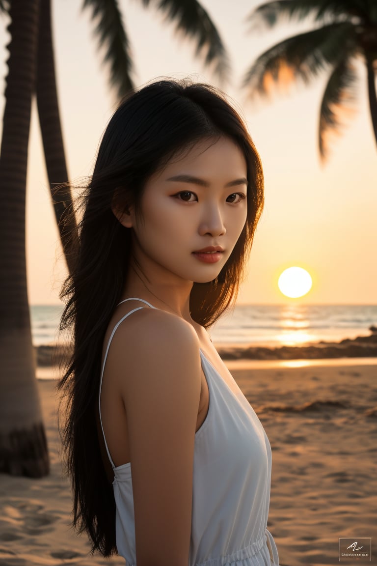 realistic,1 girl, asian, beautiful, photography, beach, sunlight, sea, palm tree, upper body, (long hair), sun light, sun, lowkey, sunset, horizon, 4k, hyper detail, sharp focus