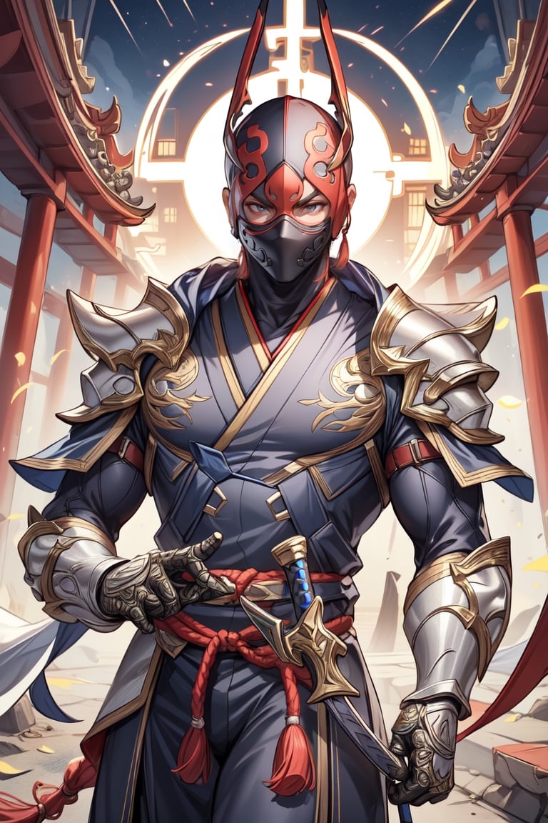 (masterpiece), (ultra detail), (intricate armor), shen, male, Ninja, ninja mask, sword on back, Ninja head band, ninja hoodle, ninja costume. on the abandoned temple background, Japanese temple, (night:1.4)