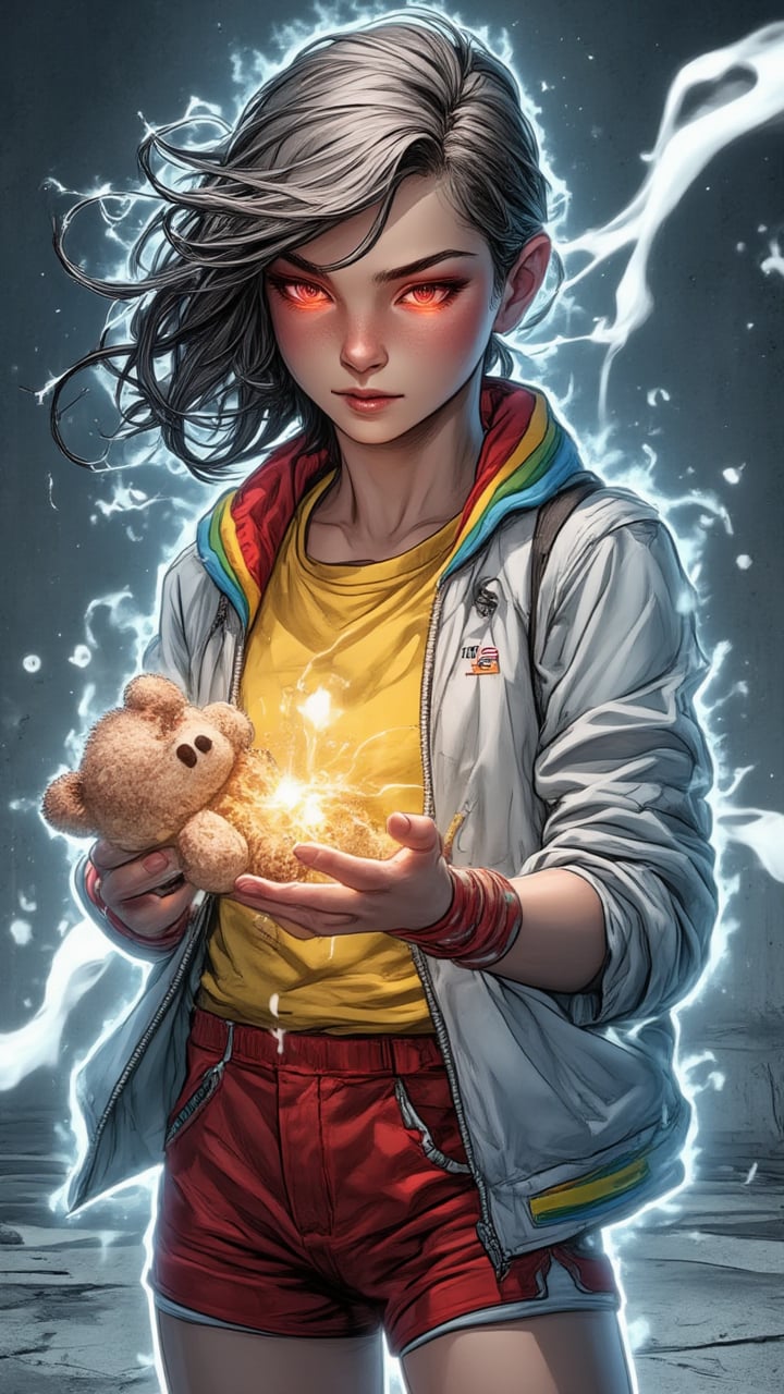 A girl holding a teddy bear, her eyes glow and she is able to make the dolls come to life, the teddy bear floats and there is a white aura surrounding the doll.The girl was wearing a yellow shirt, red shorts and a white jacket with a rainbow collar.
.
Marvel comic style,PTAIWcomic