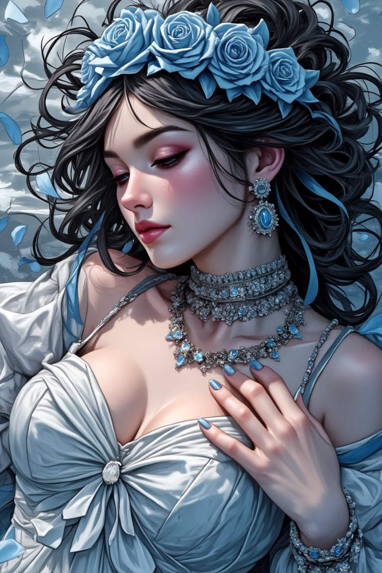 Photorealistic, cinematic, (side light:1.3), close up portrait, a woman, lie, (hand on chest), petals, blue rose decoration, white ren dress, veil, hair ornament, intricate carving jewelry, choker, ribbons, necklace, bracelet, jewelry headband, soft shadow,PTAIWcomic