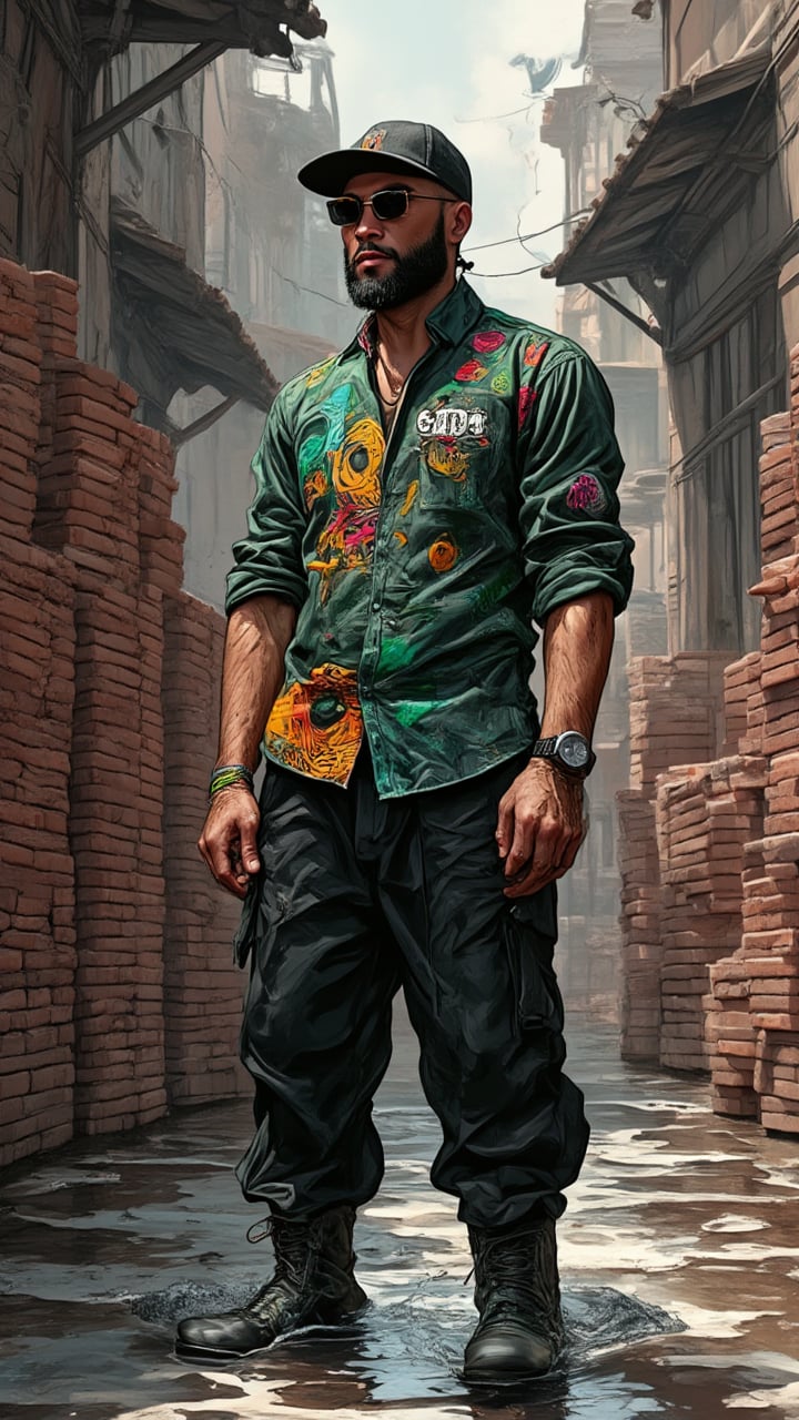 Humorous painting, a man, asian man, Squared face, black hiphop cap, fashion sunglasses, A man is wearing a dark green shirt with many bright, colorful patterns. He has rolled-up sleeves, a watch on his wrist, black long pants, and boots. He is standing in a narrow alley where the water is knee-deep. The alley has old walls revealing stacks of dark red bricks