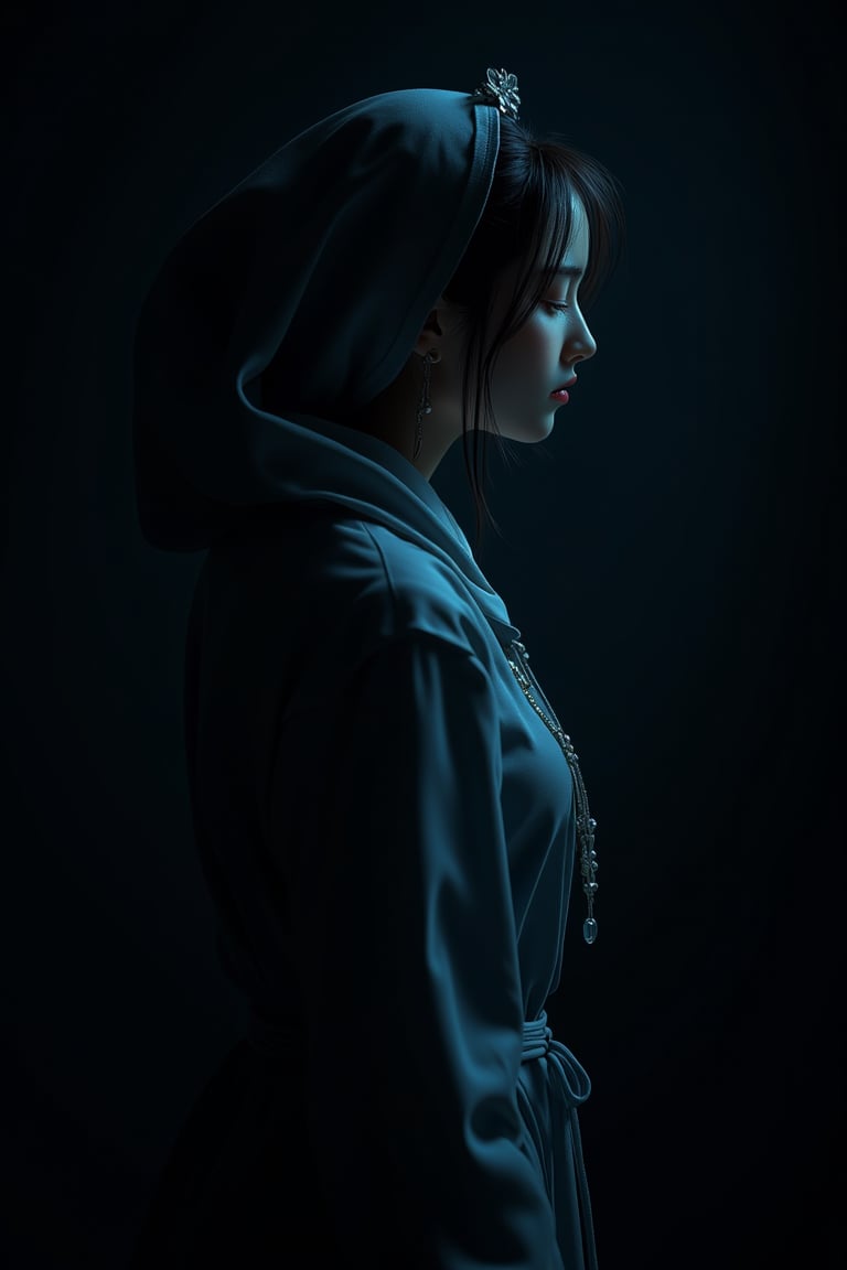 Eroflo, cold color tone, lowkey, dark atmosphere, a woman, upper body, bow head, side view, fabric hood, light from above, hard shadow, light line, portrait, dark background. Tranquil face, gradient light