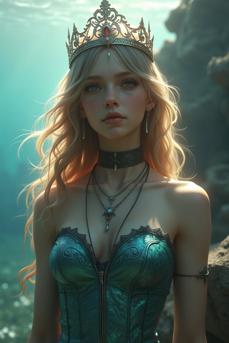 Upper body, portrait, (mermaid), (fish scale), crown, dolphin, under the sea, beautiful coral background, long wavy golden hair. Side light, light ray, epic, fantasy art.
Best quality, hyper detail outfit, gorgeous outfit, 8k, high res.