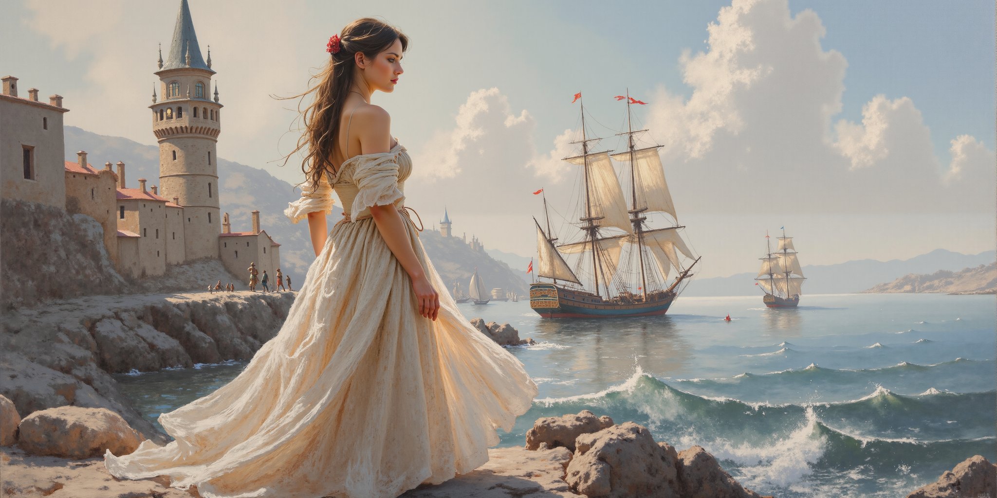 Oil painting, A young woman, hot body, standing, habor with tower, sea, ships, medieval theme, silk floating outfit, elegant beauty, best quality, masterpiece, the woman with attractive body. The natural light is soft, soft shadow, make the photo with contrast part, highlight the beauty of the woman