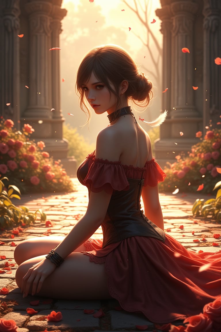 A woman, sit on ground, (look up), (beautiful face:1.2), photorealistic, (looking at viewer), camera view from above, high angle, castle background, garden, flowers, flower surround, medieval, fantasy, devil may cry, final fantasy, sun light, ambient light, artistic, cinematic angle, wide flared dress, romantic, petals on the ground, feather flying, angel wings, bow head, emotional face, close eyes, choker, necklace, shoulder armor,