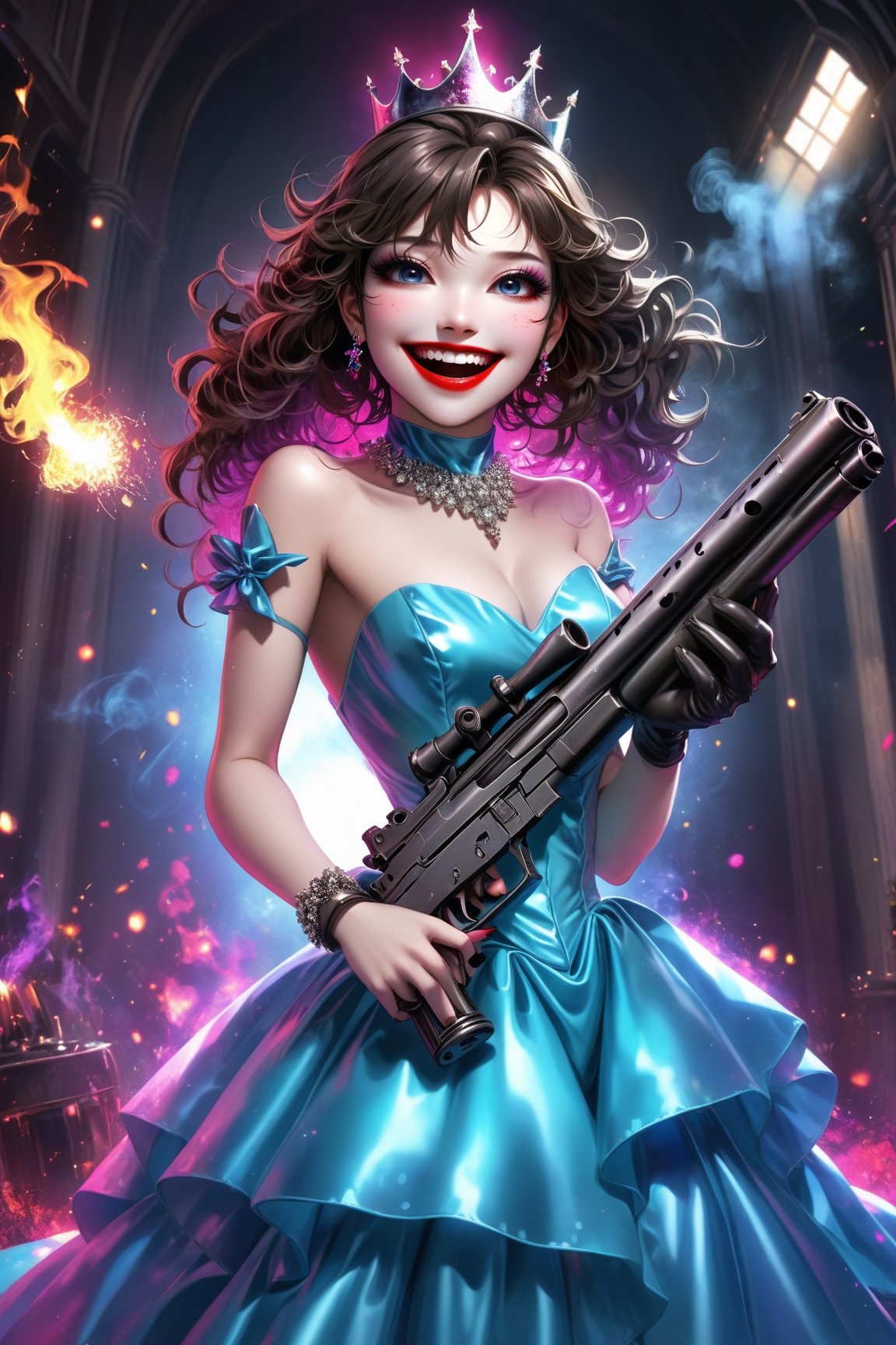 Hiro Crazy Dimension, a princess in the prom gown, with a gun and bold make up, smile crazy, fire, bullet, dark room, dinner