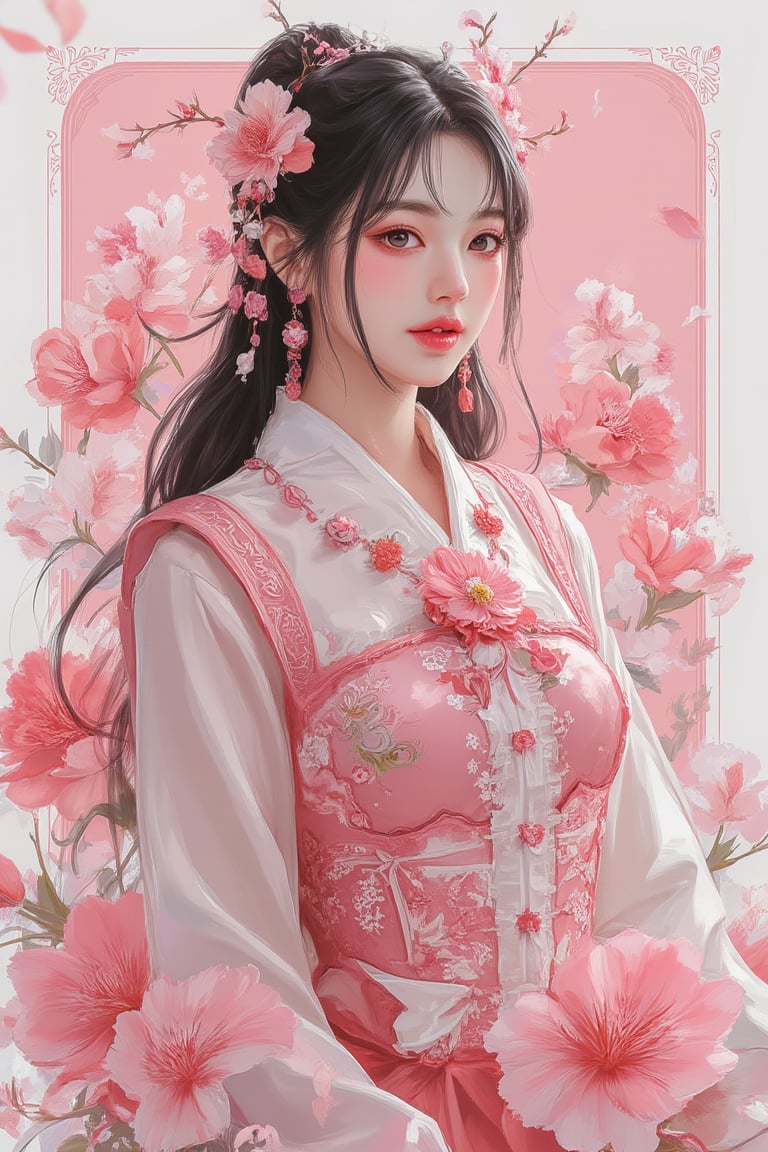 a woman, upper body, portrait, (snicker design with white border:1.2), background with hundred of lines shape, pink background, (detailed outfit), (under her body is huge blooming flower:1.2), (huge blooming flower on the background:1.2), intricate, masterpiece, (2D illustrator:1.2), best quality, highres, girly color, pink pastel background, (highly detail).