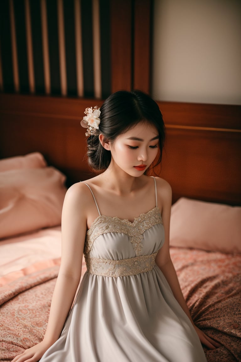 Photography, 1 woman, 2 string dress, sleeping dress, bedroom, bokeh, sharp focus, (asian beauty), best quality, masterpiece, muted color, lowkey, low sat