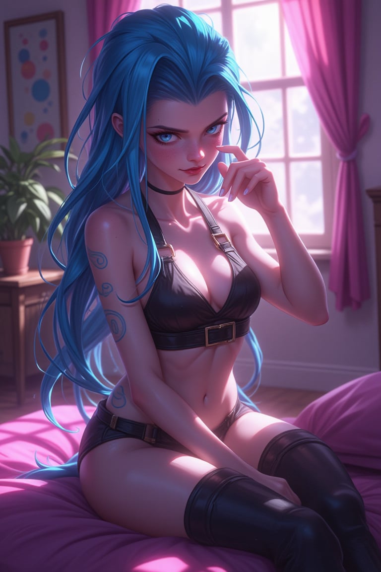 JinxKaryln, 1girl, bedroom, sunlight, soft shadow, portrait, allure, romantic, digital paint, Jinx league of legends