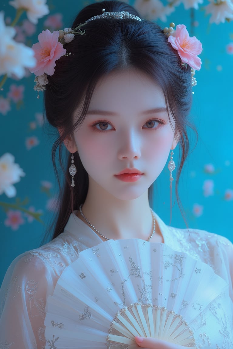 A close-up waist shot of a Asian woman in a white chinese clothes with a silver necklace and earrings. She is holding a white fan with Jade ornaments . The woman's hair is adorned with pink flowers adding a touch of beauty to the scene. creating a soft focus on the woman's face. neon lighting. (cover the background wall with light blue flowers:1.3), (looking at viewer, upper body),RHAngel, Auguste Renoir ~ Paul Peel ~ John Singer Sargent ~ Alexandre-Jacques Chantron ~ John William Godward ~ John William Waterhouse ~ Han-Wu Shen ~ Ishitaka Amano ~ Chakrapan Posayakrit ~ Kim Jung Gi ~ Kei Mieno ~ Ikushima Hiroshi ~ WLOP ~ William-Adolphe Bouguereau ~ Alphonse Mucha ~Luis Royo ~ Range Murata ~ Jock Sturges photography ~ David Hamillton photography,sparkles,surreal