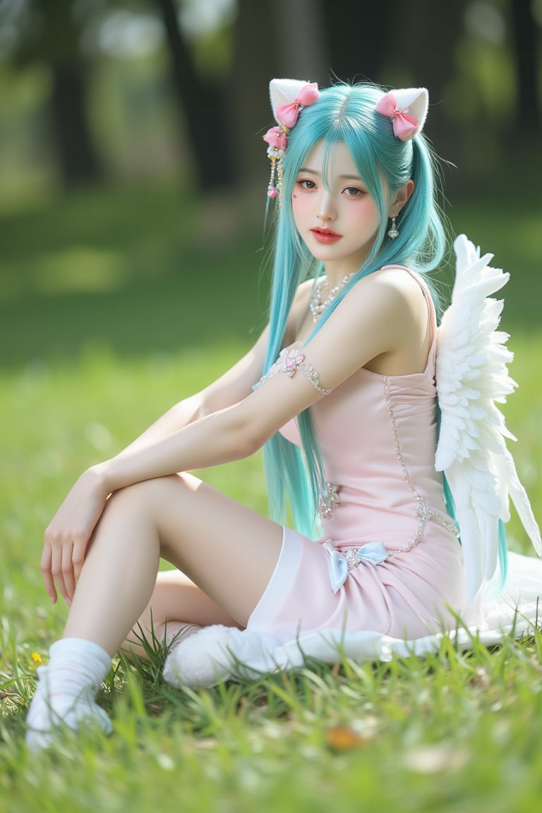 young woman,JWY,  woman, puffed dress, angel wings, side angle, (full body), sit, grass, forest, sunlight, cyan hair, fantasy art, fatasy theme, bow head, sad face