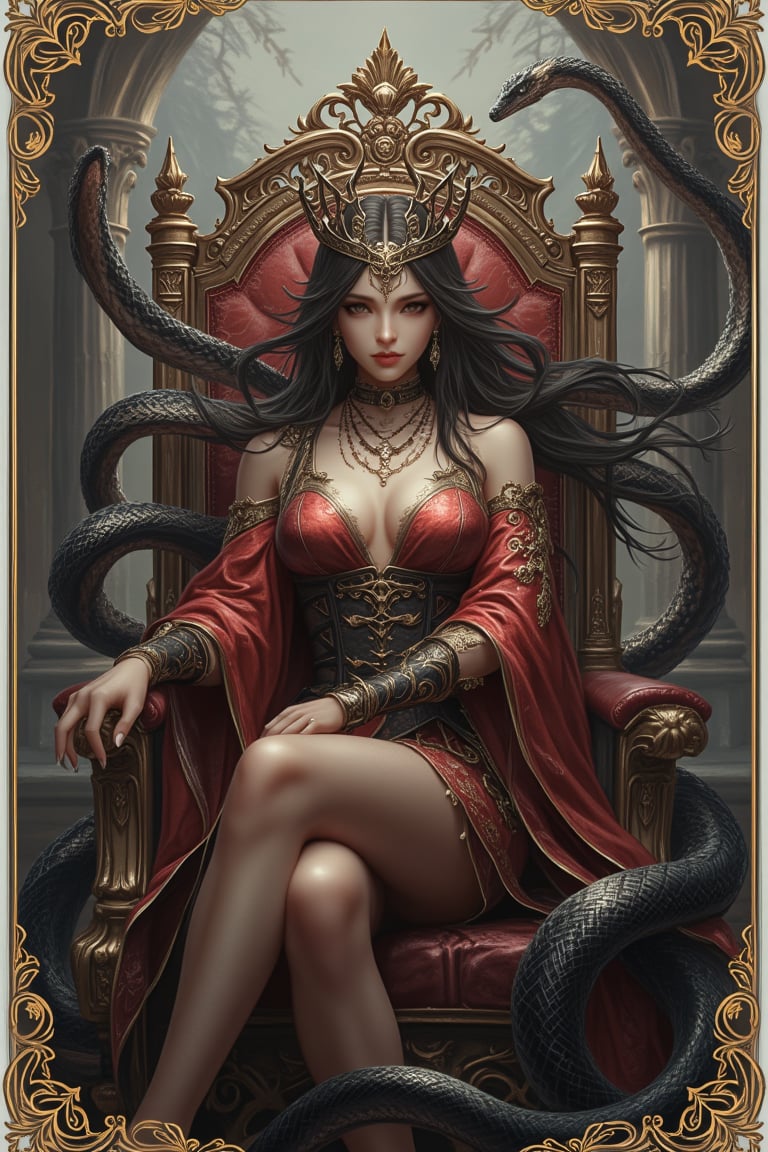 
A woman, sit on throne, ancient Greek outfit, (huge snake:1.3), coilded snake, (upper body:1.3), straight view, portrait, a woman point her hand to the camera, snake tounge, long fang, long teeth, crown, (snicker design with white border:1.2), (monster fantasy:1.2), (villain:1.2), (detailed outfit), (intricate golden pattern border:1.2), intricate, masterpiece, (2D illustrator:1.2), best quality, highres, (highly detail).,Hanfu