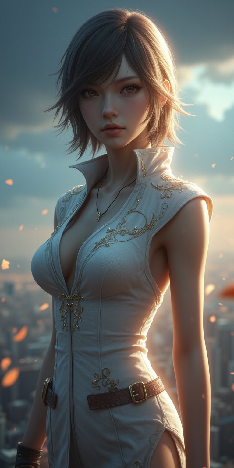 A woman, (fullbody shot), (looking at viewers:1.3), white bodycon dress, beautiful face, fantasy art, egyptian outfit, chinese collar,small waist, (standing on the edge:1.2), (fiction cyberpunk city view), short bang, brown hair, dark cloud sky, thunder lighting.