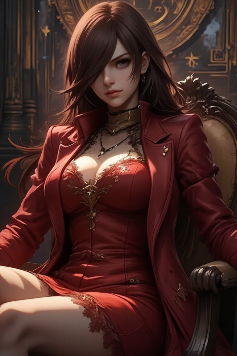 Ezra scarlet, a woman, sit, lean on chair, night, wall, (upper body:1.2), (high angle:1.3), (auburn coat), light from above, gradient light, hard shadow, (photorealistic:1.3), high collar, intricate golden decoration on lapel, reflection, shinny. She wear a small brim, she looks like a mafia boss, expressioness, pale skin, hot body