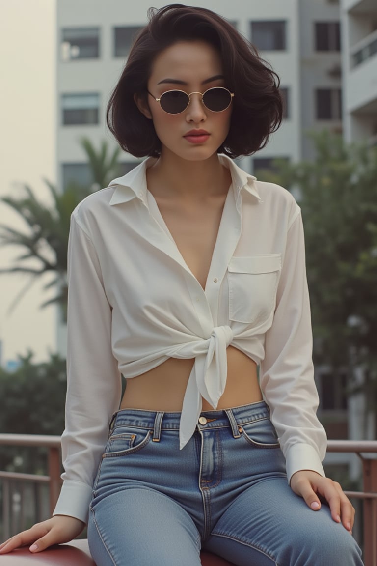 Raw photo,HKBT_TM, a woman with shirt, navel, sit, jeans, sunglasses, table, cinestill 800T, Hongkong vintage