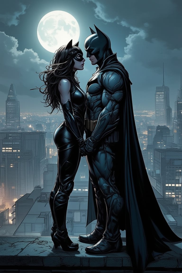 Generate a highly detailed, ultra-high-definition (16K UHD) comic book illustration of Catwoman (Selina Kyle) and Batman (Bruce Wayne) standing together on the rooftop of a Gotham City building at night. The two are facing each other, locked in an intense, romantic gaze, their love and tension palpable. Catwoman, in her sleek black leather catsuit with her mask on, has a confident yet tender expression. Batman, in his iconic dark suit and cape, stands strong and protective. The moonlight softly illuminates their faces, while the distant Gotham skyline and glowing city lights form the backdrop. The rooftop is dimly lit, and their silhouettes stand out dramatically against the night sky. The art style is influenced by modern comic artists like Clay Mann and Jim Lee, focusing on strong, clean lines, expressive body language, and dynamic, atmospheric lighting. The mood is a mix of romance and mystery, with an epic, cinematic feel.