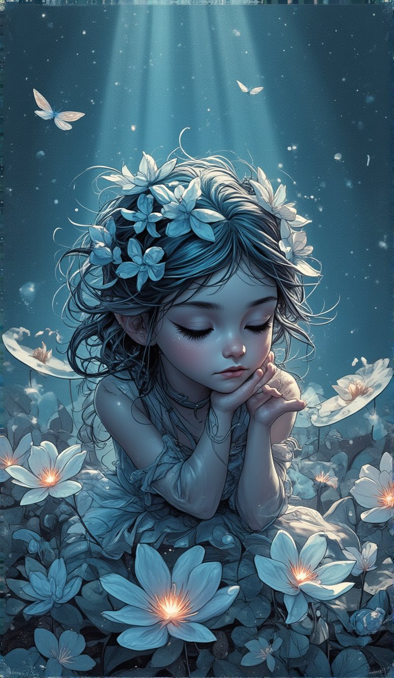 Young  fairy Flowergirl   dreaming pose covered by flowerrs mysterious aspect, many details, vintage , double exposure water drops, made of tiny dots  macrorealism surreal,  visible brushstrokes  extremely cute tiny chibi holographic pastel  soft blues    glowing transparent bioluminescen,  big detailed glowing eyes,  detailed face flowers, leaves,  fantasy ,  by [Anton Semenov | Carl Rungius | Ivan Rabuzin | Ed Emshwiller] cinematic, 32k,  sunbeams , ultra highly detailed, dynamic intricated pose,  luminous unusual delicate fog, highly detailed, intricated, intricated pose, oil painting, thick strokes, masterpiece, high quality, centered, perfect compositionDigital painting, Highly detailed, Concept art, Artstation, Intricate, Sharp Focus,  Surrealism, Surreal art, Surreal, Artwork by DasAbra,Auguste Renoir ~ Paul Peel ~ John Singer Sargent ~ Alexandre-Jacques Chantron ~ John William Godward ~ John William Waterhouse ~ Han-Wu Shen ~ Ishitaka Amano ~ Chakrapan Posayakrit ~ Kim Jung Gi ~ Kei Mieno ~ Ikushima Hiroshi ~ WLOP ~ William-Adolphe Bouguereau ~ Alphonse Mucha ~Luis Royo ~ Range Murata ~ Jock Sturges photography ~ David Hamillton photography ~ Rustic Sketchbook Style, Sketch Book, Hand Drawn, Dark, Gritty, Realistic Sketch, Rough Sketch, Mix of Bold Dark Lines and Loose Lines, Bold Lines, On Paper, Turnaround Character Sheet, Natural Light, Dynamic, Highly Detailed, Watercolor Painting, Watercolor Paper, Artstation, Concept Art, Smooth and Crisp, Sharp Focus, Illustration, Goth girl,sparkles,in the style of vargas,PTAIWcomic