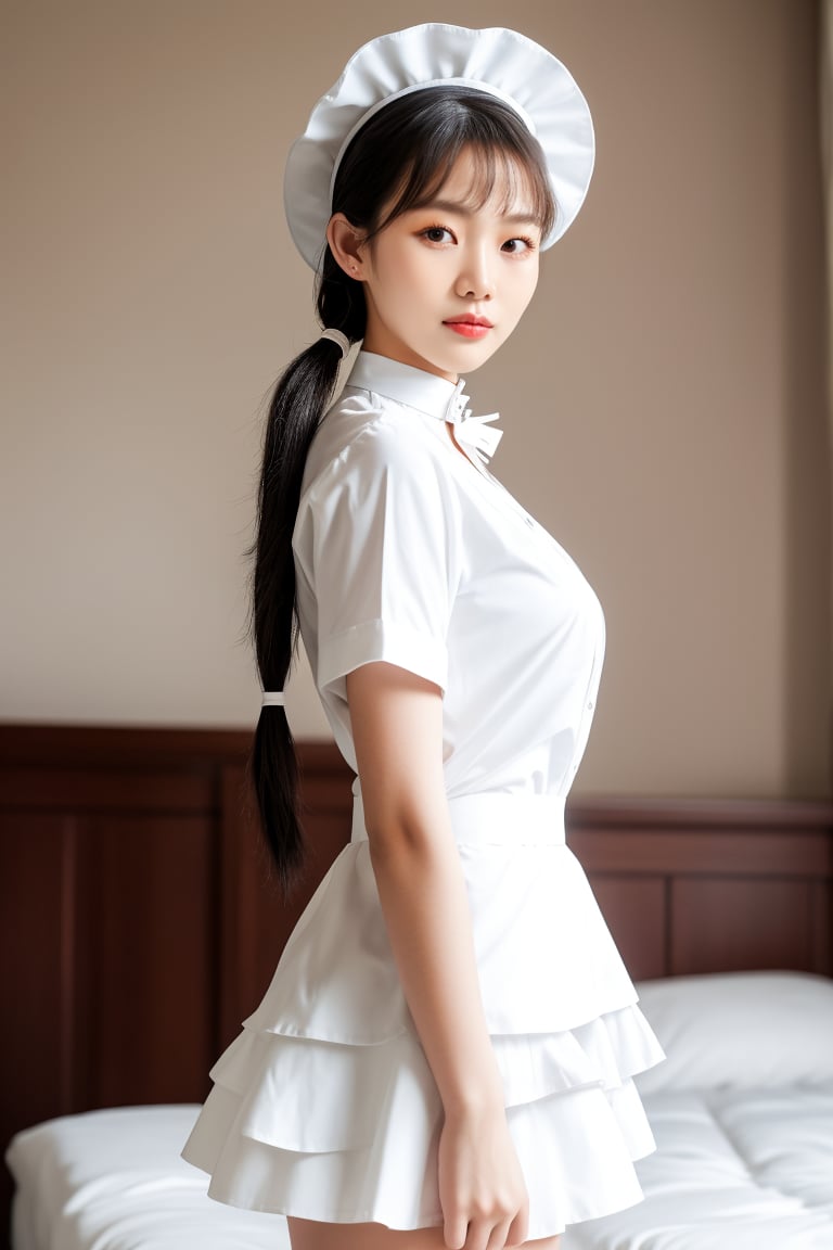 ultra realistic,1 girl, asian, beautiful, short dual pig tails, black wavy hair, layer skirt, white shirt, maid hat, choker, bedroom, photography, bokeh, cute,(best quality), (masterpiece)