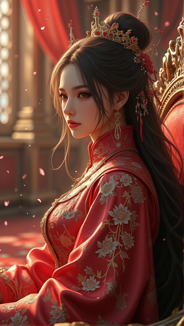 A woman, luxury and noble throne, sit, red carpet, side light, cinematic, intricate golden decoration, crown, royal,PTAIHanfu,Ahri